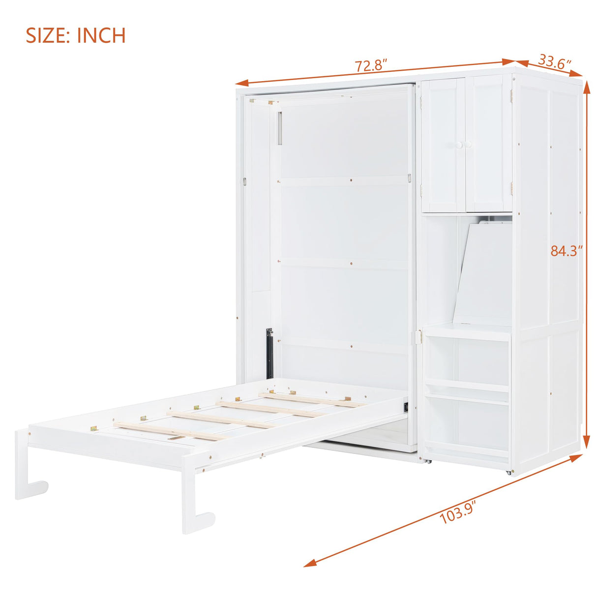 Merax Twin Size Rotating Wall Murphy Beds, Wood Folding Murphy Wall Bed with Bookshelf, Top Cabinet, Extendable Desk & Side Storage, White Merax