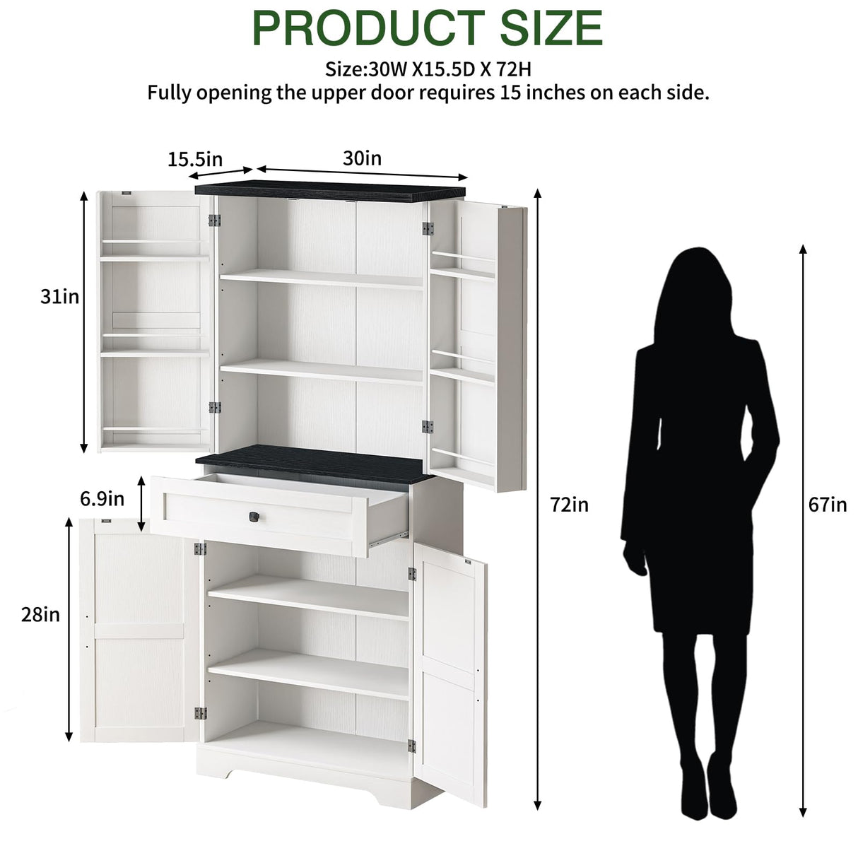 72" Farmhouse Kitchen Pantry Cabinet with Adjustable Shelves and Drawer, Rustic Storage Organizer with Countertop and Door Shelving, Tall Wooden Cupboard for Kitchen, Dining Room, Off White PLYFOU
