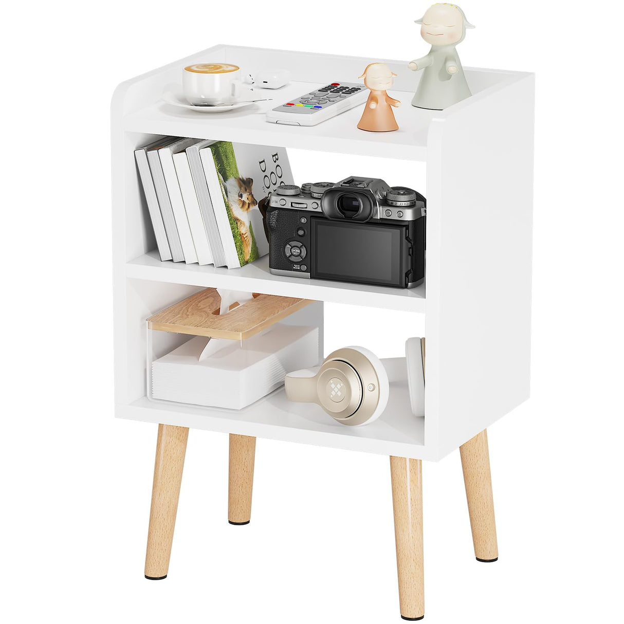 LUCKNOCK Night Stand, Modern Bedside Tables, Mid Century Nightstands with Open Storage Shelf, Wood Bedside Table, Small Night Stands for Bedroom, 3-Tier Night Table, White. LUCKNOCK