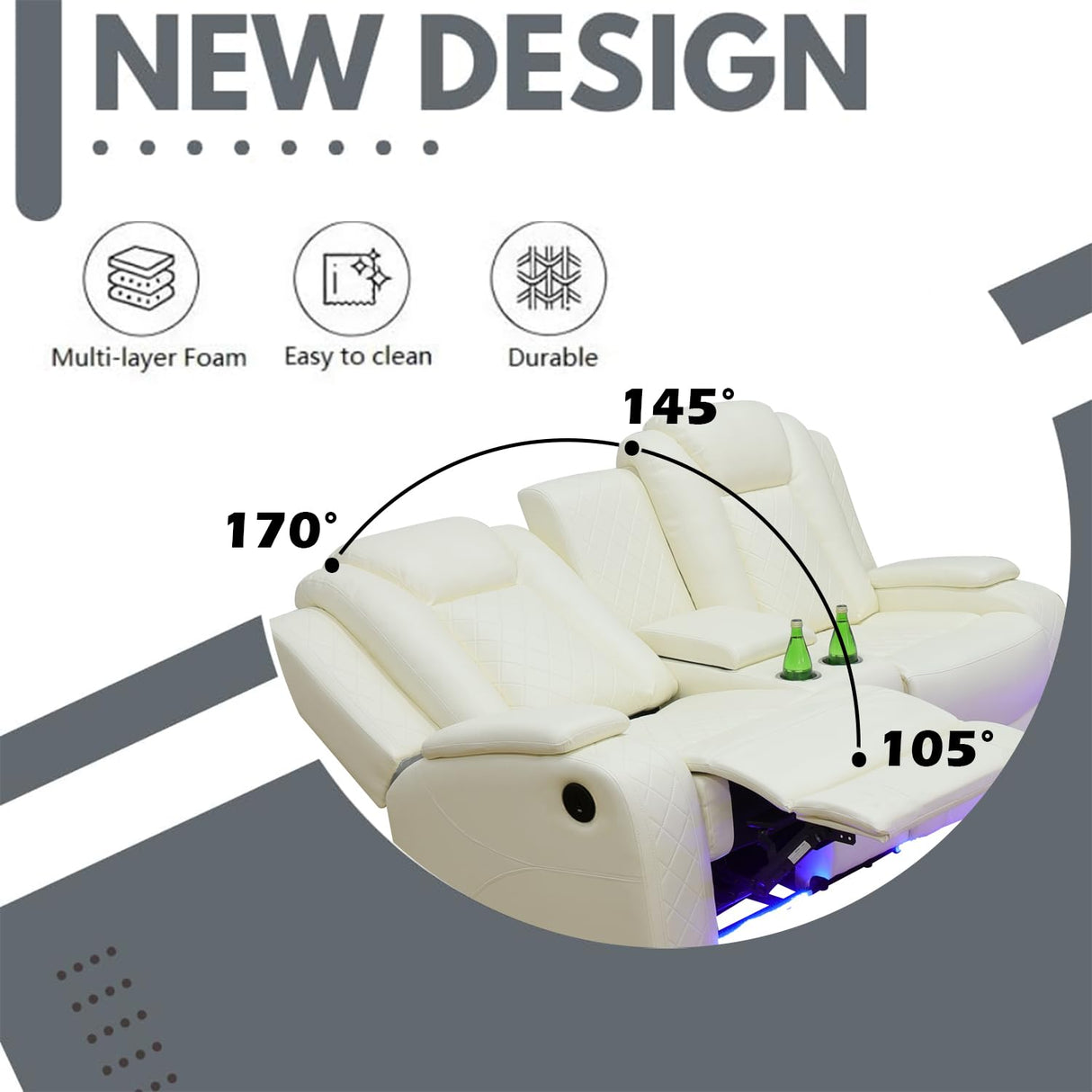 SIENWIEY Power Leather Recliner Set for Living Room, Electric Reclining Sofa and Loveseat Set with LED Lights, White Leather Sofa Set 2 Pieces with 3 Seats Sofa,Double Recliner Loveseat SIENWIEY