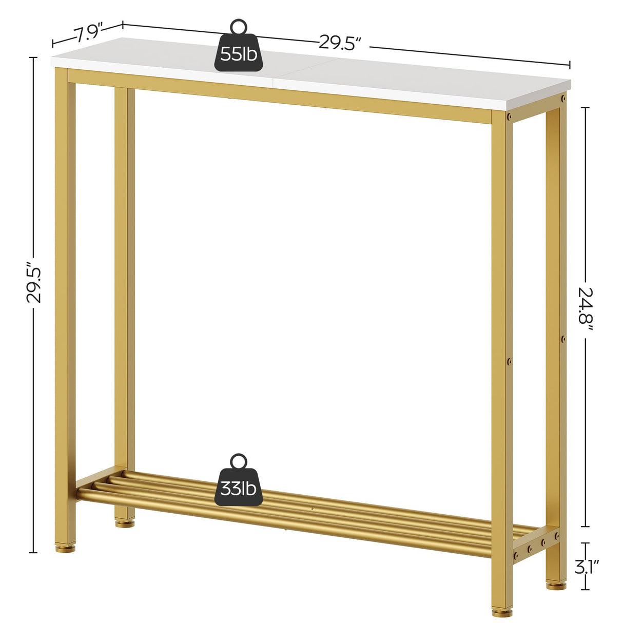 YATINEY Narrow Console Table, 2-Tier Small Sofa Table, 29.5" Thin Entryway Table, Behind Couch Table with Shelves, Industrial Hallway Table, for Living Room, Foyer, White and Gold CT03DW YATINEY