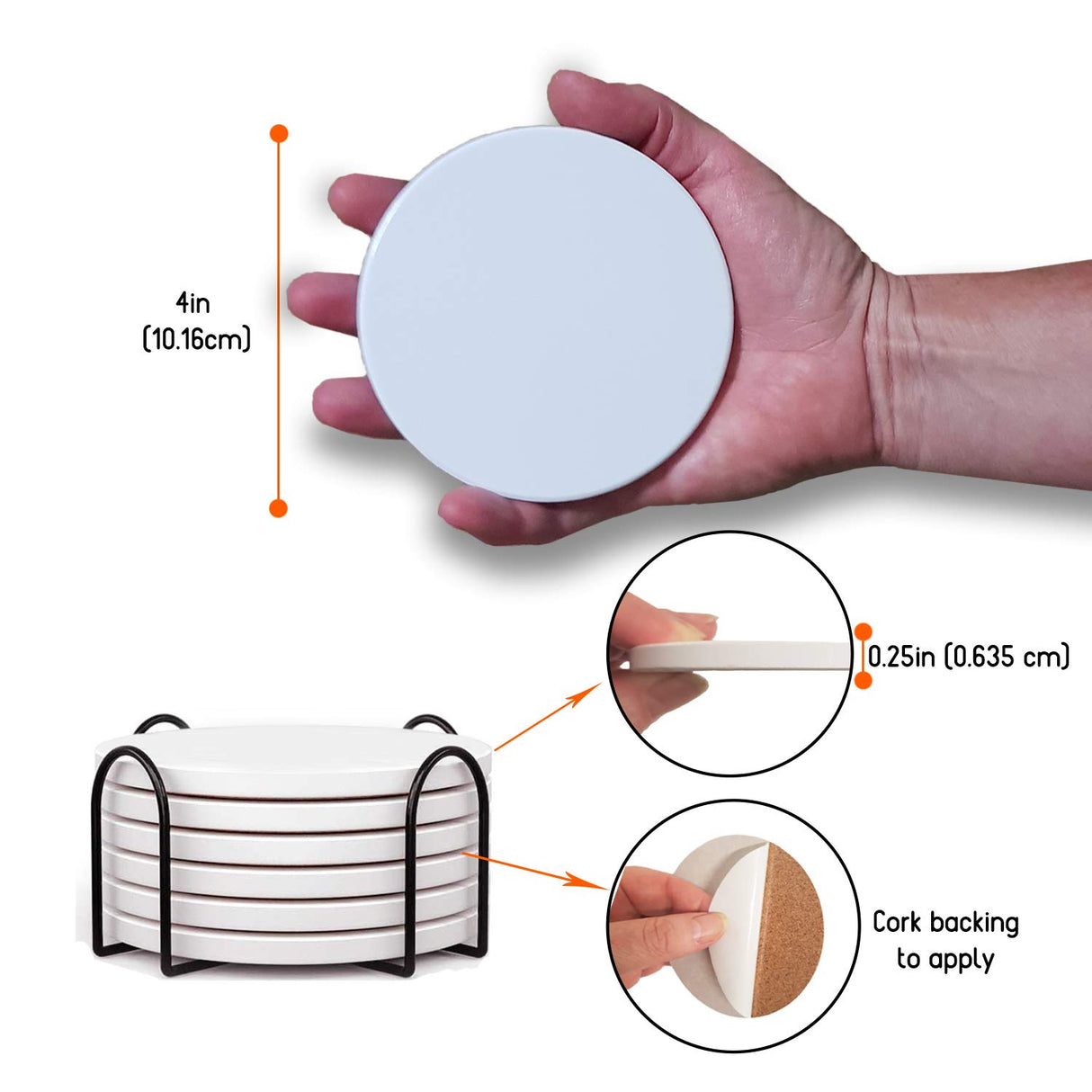 Ceramic Coaster Sets - 12 Round 4 Inch Glossy Non-Absorbent with Cork Backing & 2 Metal Stands - for Sublimate Printing live4art