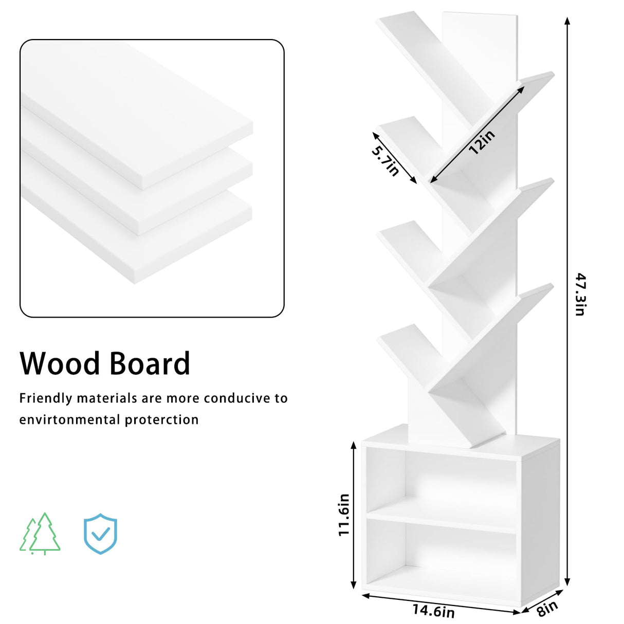 SHEEPAM 10 Tier Tree Bookshelf,Floor Standing Wood Tall Bookcase for Narrow Space, Storage Organizer Bookshelves for Books, Book Case for CDs/Movies/Books,Home Office,Living Room, Bedroom SHEEPAM