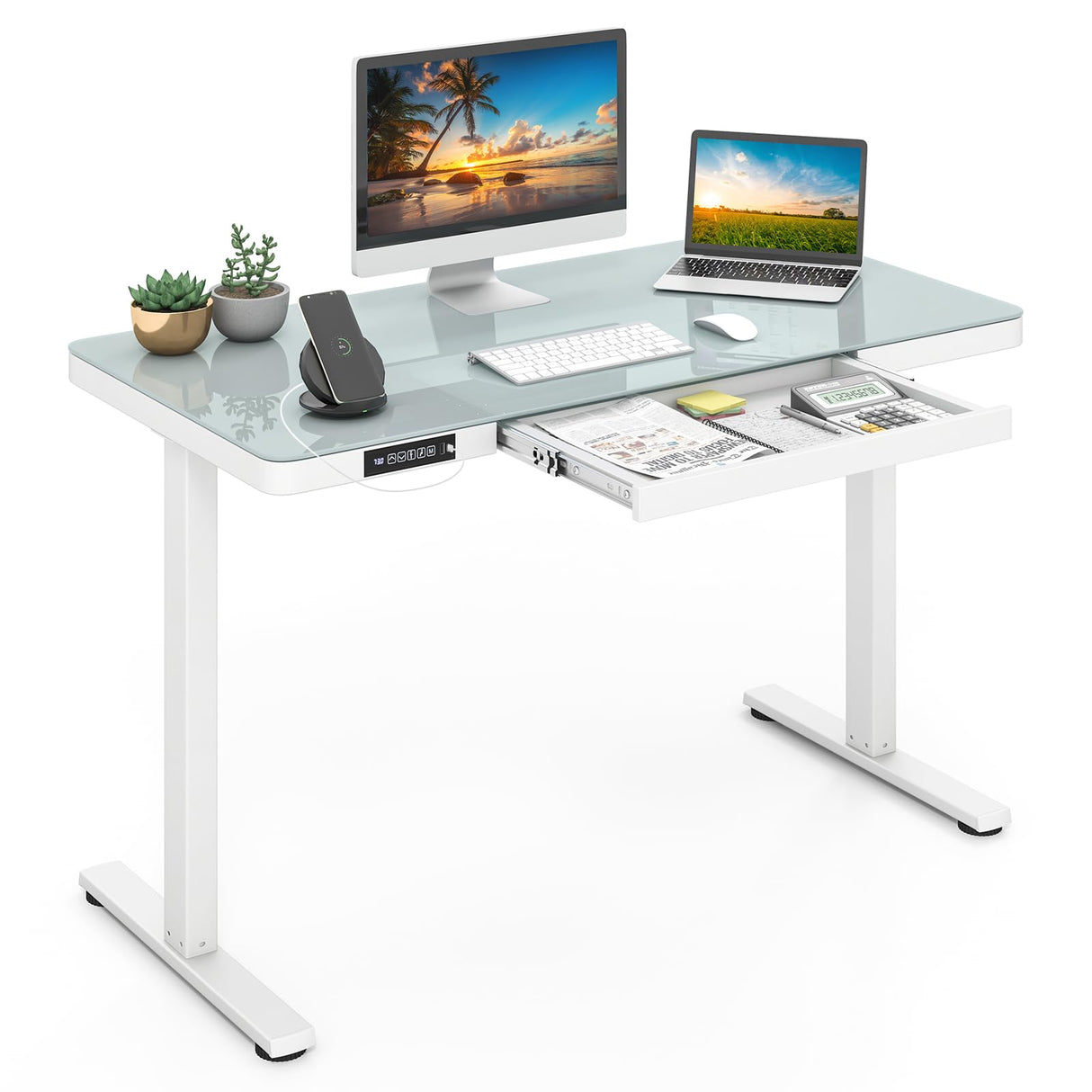 Giantex Glass Standing Desk with Drawer, 48" x 24" Height Adjustable Electric Stand Up Desk with Tempered Glass Top, 2 Memory Positions & USB Type-C Outlets, Sit Stand Desk for Home Office, White Giantex