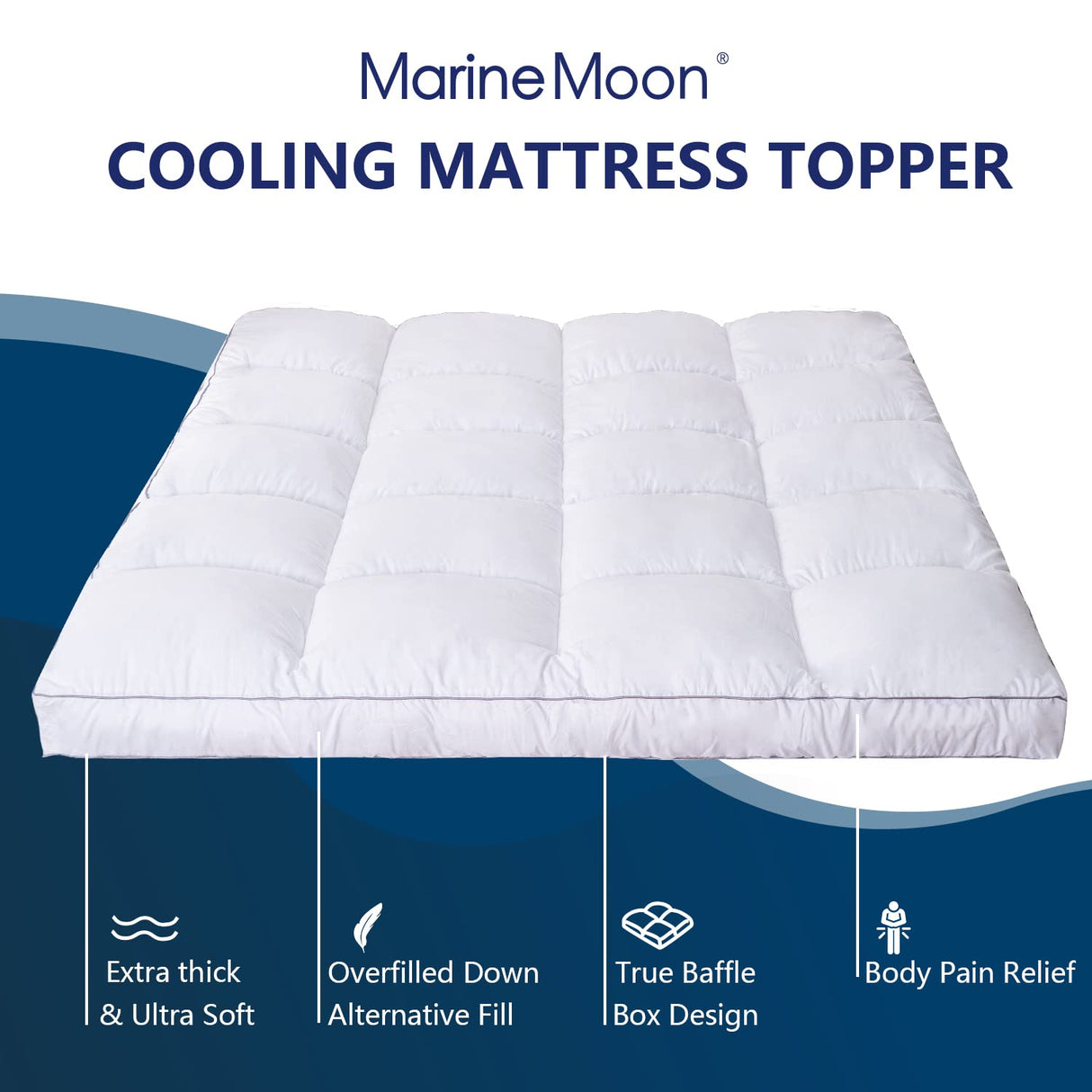 Marine Moon King Mattress Topper, Cooling Pillow Top, Hotel Quality Down Alternative Pillow Topper Cover, Plush Thick Bed Toppers for Back Pain with Deep Pocket Marine Moon