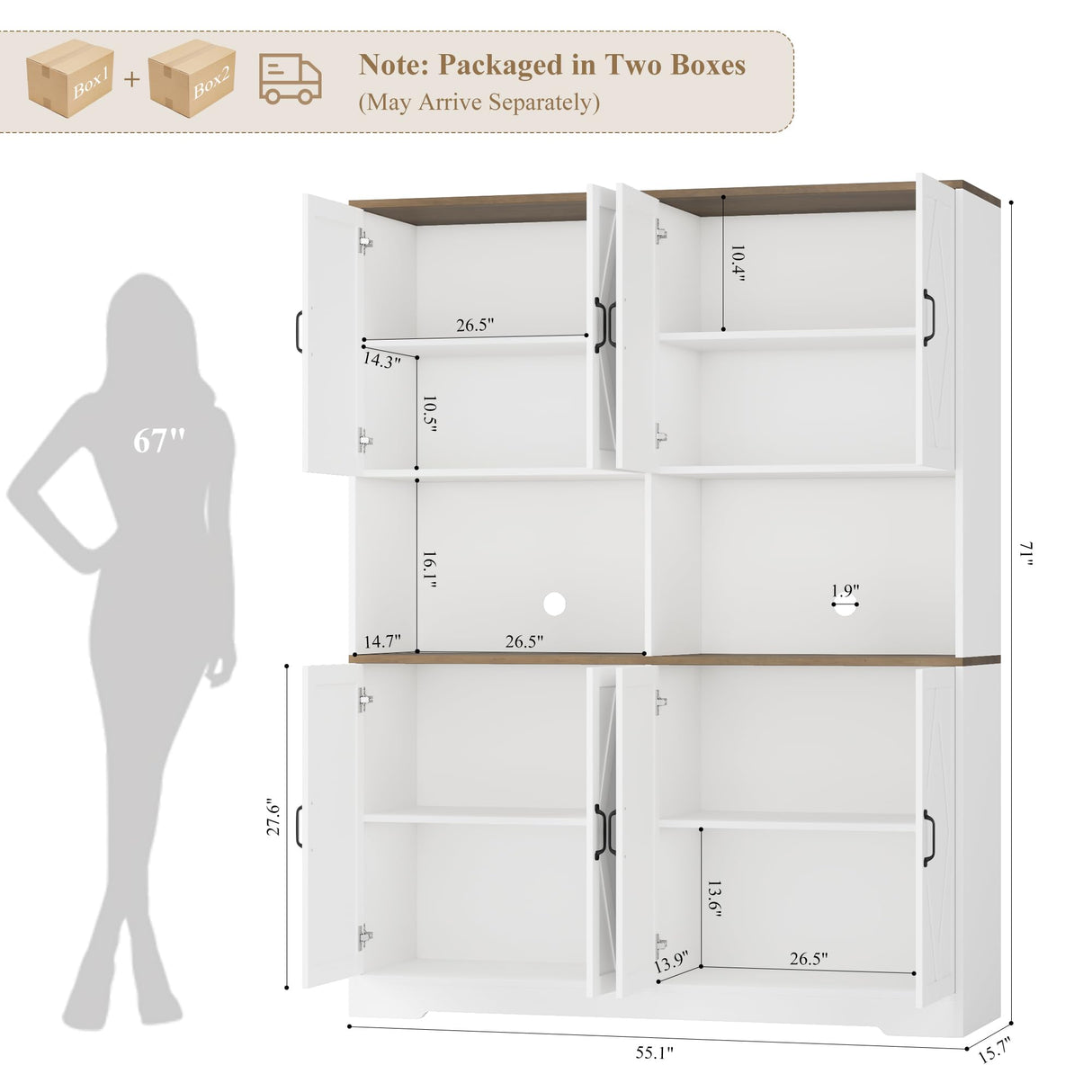 HOSTACK 71" Tall Pantry Cabinet, 55" Wide Kitchen Pantry Storage Cabinet, Large Kitchen Hutch with 2 Microwave Stands, Farmhouse Coffee Bar Station with Doors and Shelves for Dining Room, White HOSTACK