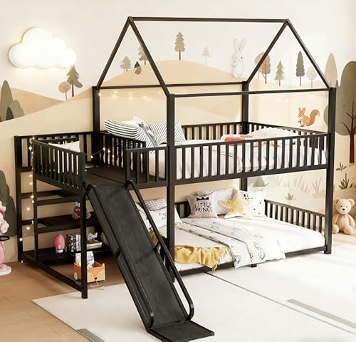Bellemave Metal Bunk beds Full Over Full with Slide and Storage Stairs, House Floor bunk Bed with guardrail for Kids,Black Bellemave