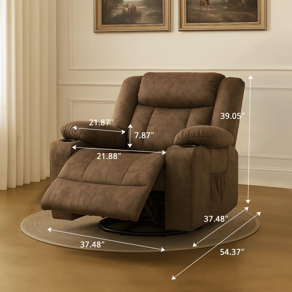 COMHOMA Recliner Chair,360°Swivel Rocker Recliners with Cup Holders&Side Pockets,Manual Reclining Single Sofa,Fabric Upholstered Lounge Chairs for Living Room,Brown COMHOMA