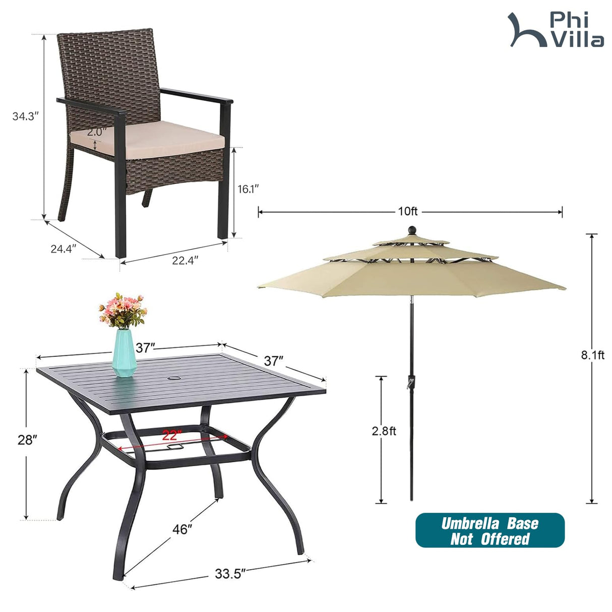 PHI VILLA 5 Pieces Outdoor Dining Set with Umbrella for 4, 37" Square Metal Dining Table & 4 Cushioned Wicker Rattan Chairs with 10ft Beige Umbrella for Patio, Deck, Yard, Porch PHI VILLA