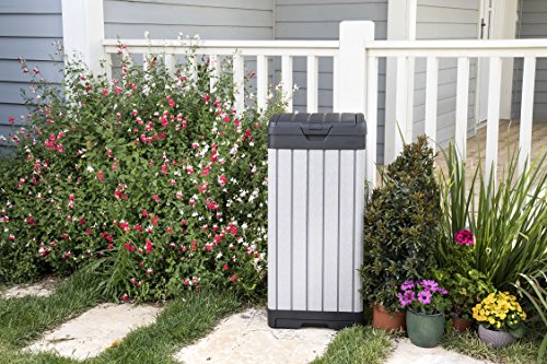 Keter Rockford Resin 38 Gallon Outdoor Kitchen Trash Can with Lid and Drip Tray for Easy Cleaning-Perfect for Patio Dining, Grey Keter