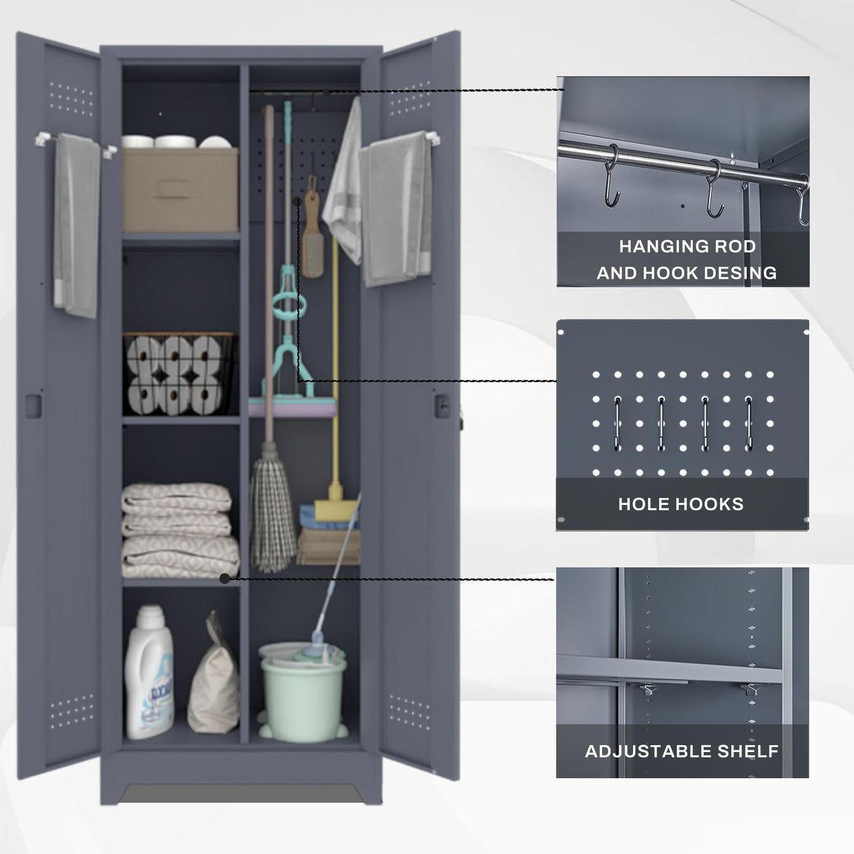 LUCYPAL 65" H Metal Garage Storage Cabinet with Shelves and Lock,Broom Closet Storage Cabinet with Hanging Rods for Mops,Garage Tool Cabinets for Utility Room,Laundry Room,Grey LUCYPAL