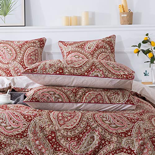FADFAY Paisley Duvet Cover Set 100% Cotton Ultra Soft Red and Beige Reversible Paisley Bedding Set with Hidden Zipper Closure 3 Pieces, 1Duvet Cover & 2Pillowcases, King/California King Size FADFAY