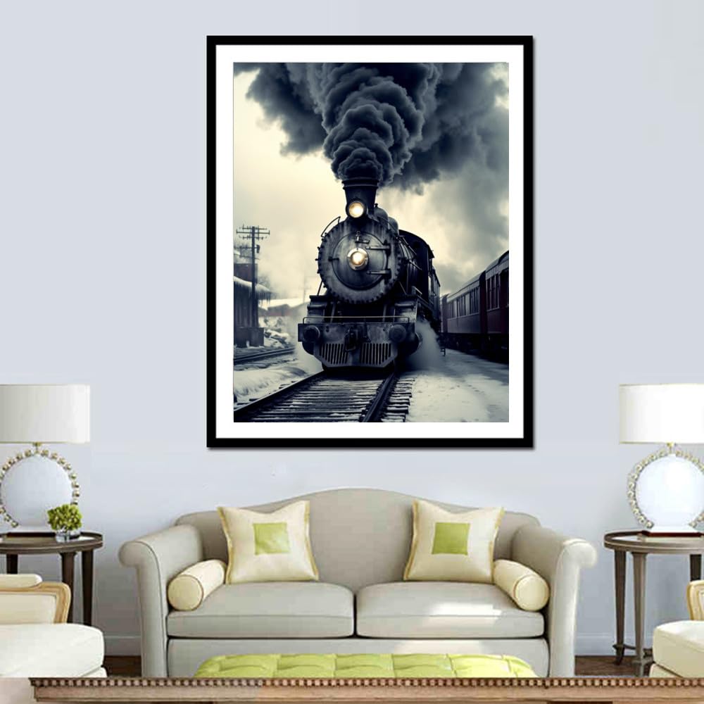 pigpigboss Retro Train Diamond Painting Art Kits, 5D Full Drill Train Diamond Embroidery Arts Crafts for Adult Beginner Home Wall Office Decor (11.8 x 15.7 inches) pigpigboss