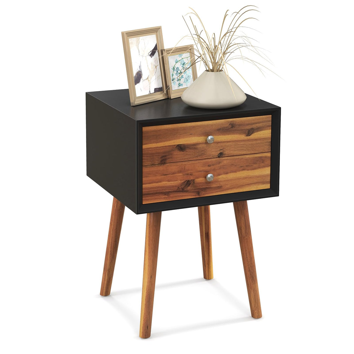 Giantex Nightstand with 2 Drawers, Mid Century Modern Bedside Table with Solid Wood Legs, Practical End Side Table for Living Room Bedroom Small Space, Night Stand, Black & Walnut Giantex