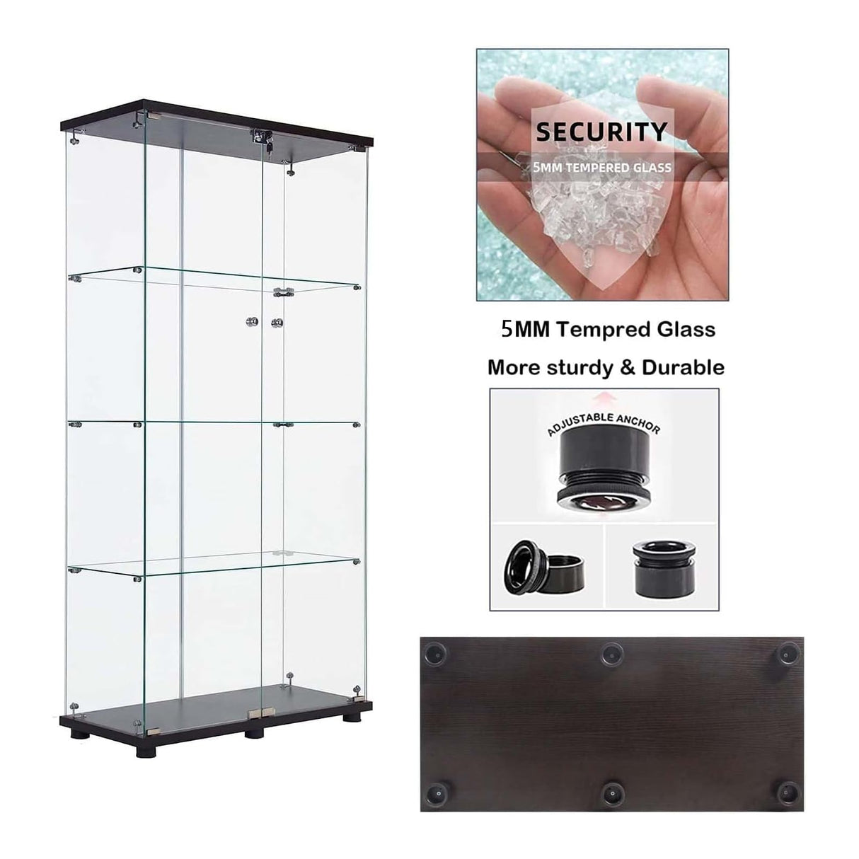 APRILSOUL Glass Display Cabinet 4-Shelf with Double Door, Curio Display Cabinet with 5mm Tempered Glass, Floor Standing Bookshelf for Bedroom, Living Room, 64 x 31.7 x 14.3 in, Black APRILSOUL