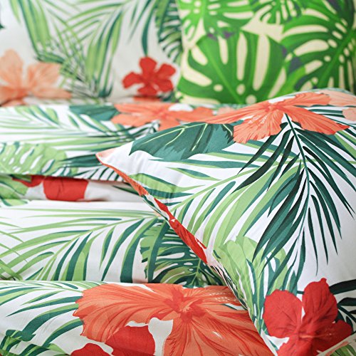 FADFAY Tropical Red Hibiscus Palm Leaves Duvet Cover Set Super Soft Summer Bedding 100% Cotton Soft with Hidden Zipper Closure Queen Size 3-Pieces FADFAY