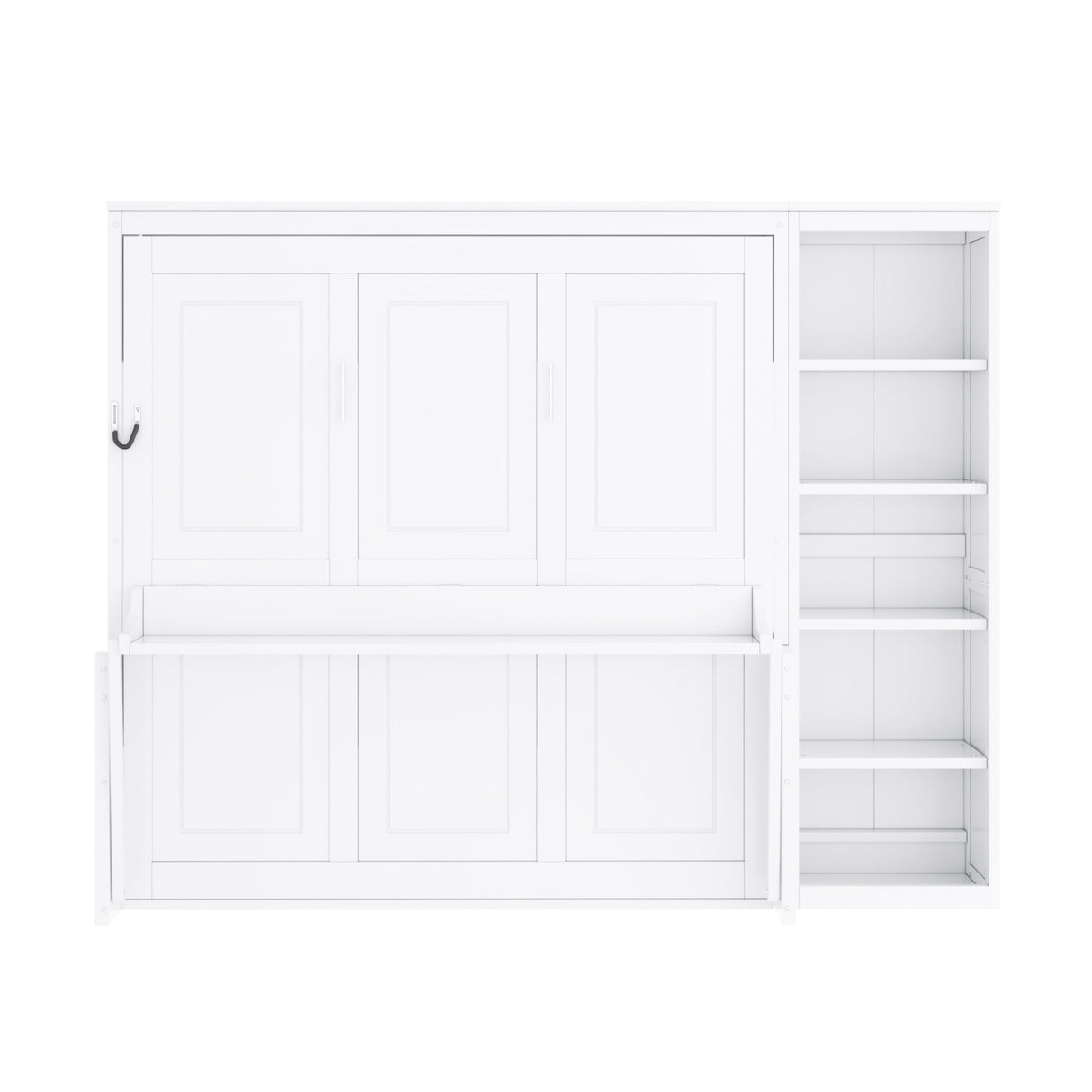 Queen Murphy Bed with Desk and Storage Shelves,Wood Hideaway Murphy Wall Bed with Storage Bookcase for Adults (White) MERITLINE