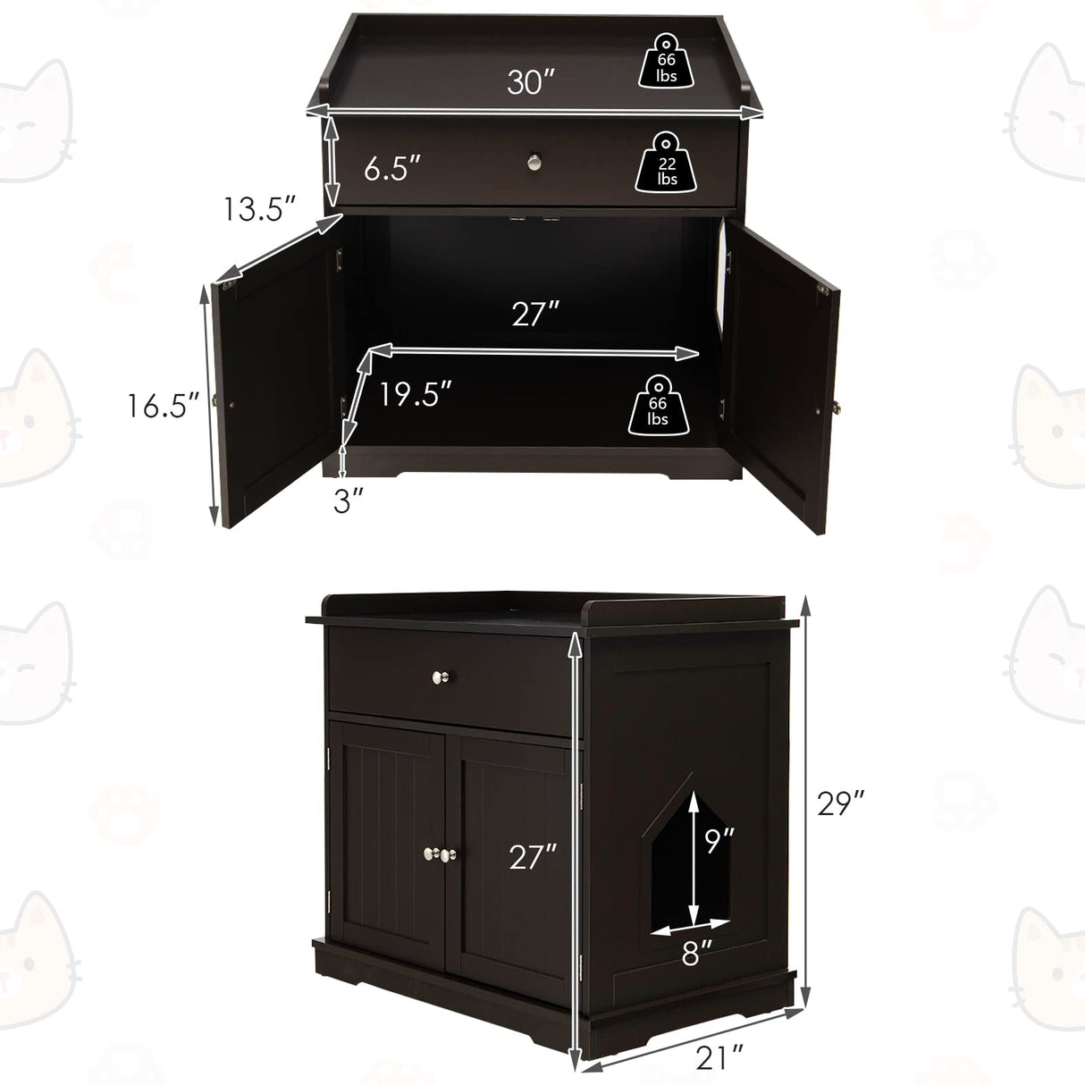 PETSITE Cat Litter Box Enclosure, Large Cat Washroom End Table with Drawer & 2 Doors, Wooden Cat House Storage Cabinet, Hidden Litter Box Furniture, Brown PETSITE