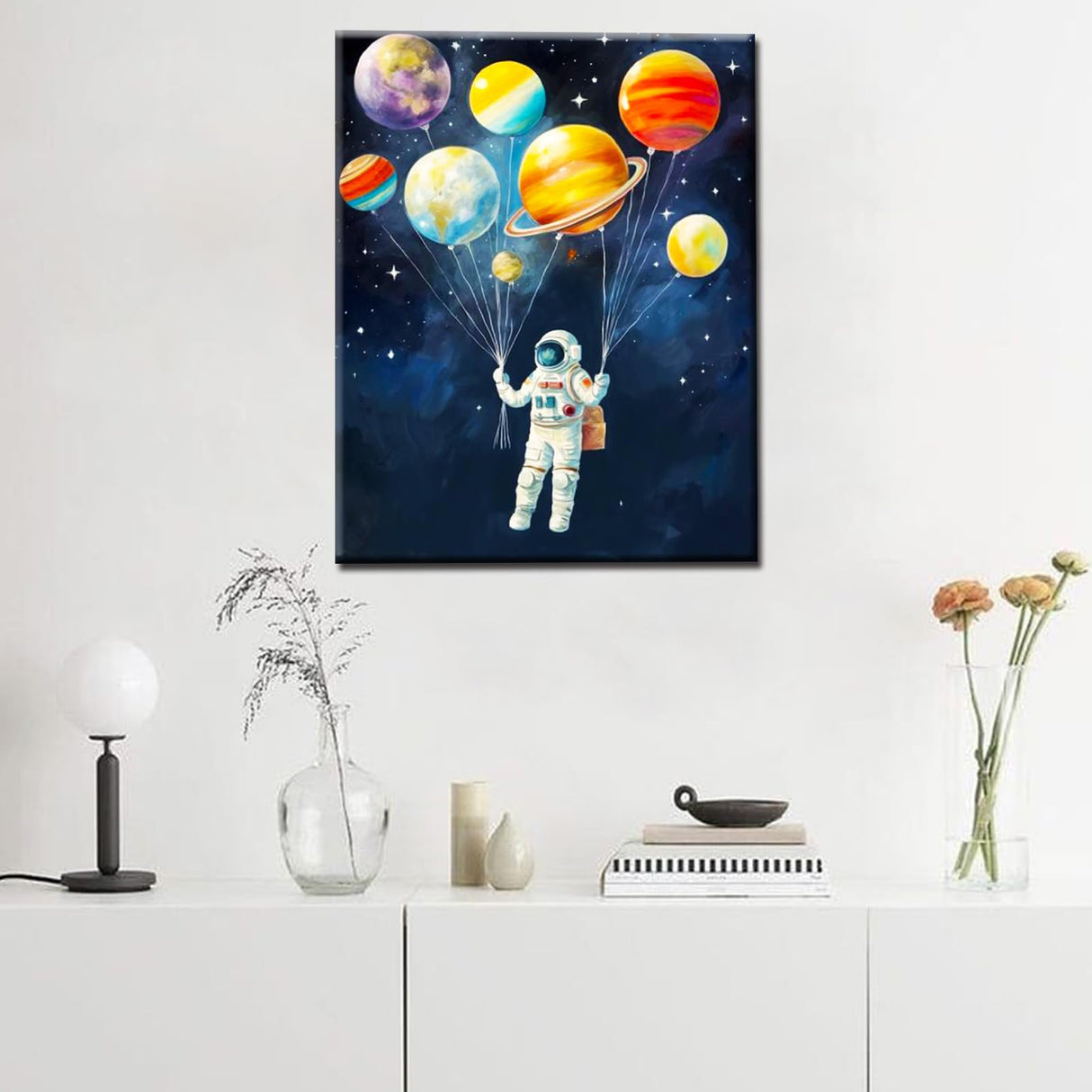 Astronaut Holding Planets Balloons DIY Paint by Numbers for Adults Outer Space Astronaut DIY Digital Oil Painting Acrylic Paint Graffiti Painting Kits Canvas Pop Art Decor 16x20 Inch (without Frame ) Tucocoo