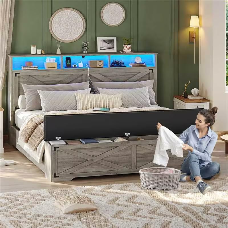 Hasuit Queen Size Bed Frame with Storage Ottoman, Farmhouse Bed Frame with Charging Station and Led Light, Headboard with Storage Rack, Metal Slats, No Noise Design, No Box Spring Needed,Oak Grey Hasuit