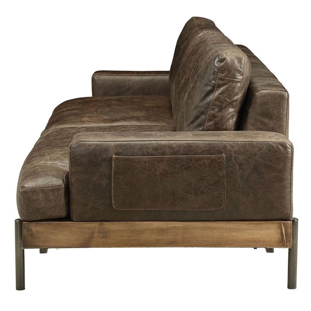 Acme Silchester Leather Sofa in Oak and Distress Chocolate Acme