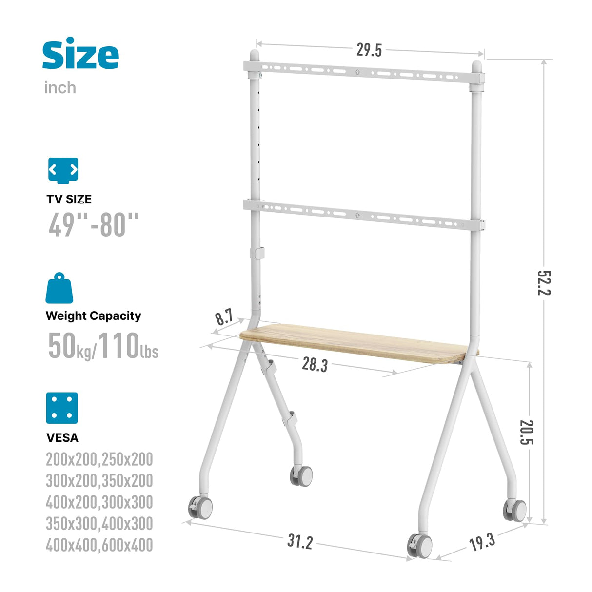 ECOTINY Easel Rolling TV Stand for 49-80 Inch TV Screen up to 110 LBS, Portable TV Stand with Wheels, Height Adjustable TV Stand Cart for Business, Office, School, Home, White ECOTINY