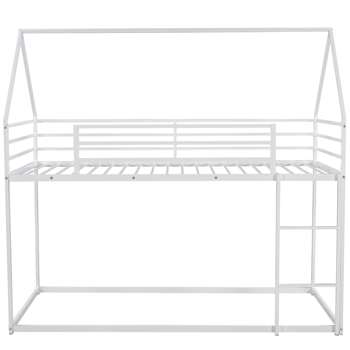Merax Modern Heavy Metal House Low Bunk Bed Twin Over Twin, Montessori Floor Bunk Bed Frame with Full-Length Guardrail/No Box Spring Needed White Merax