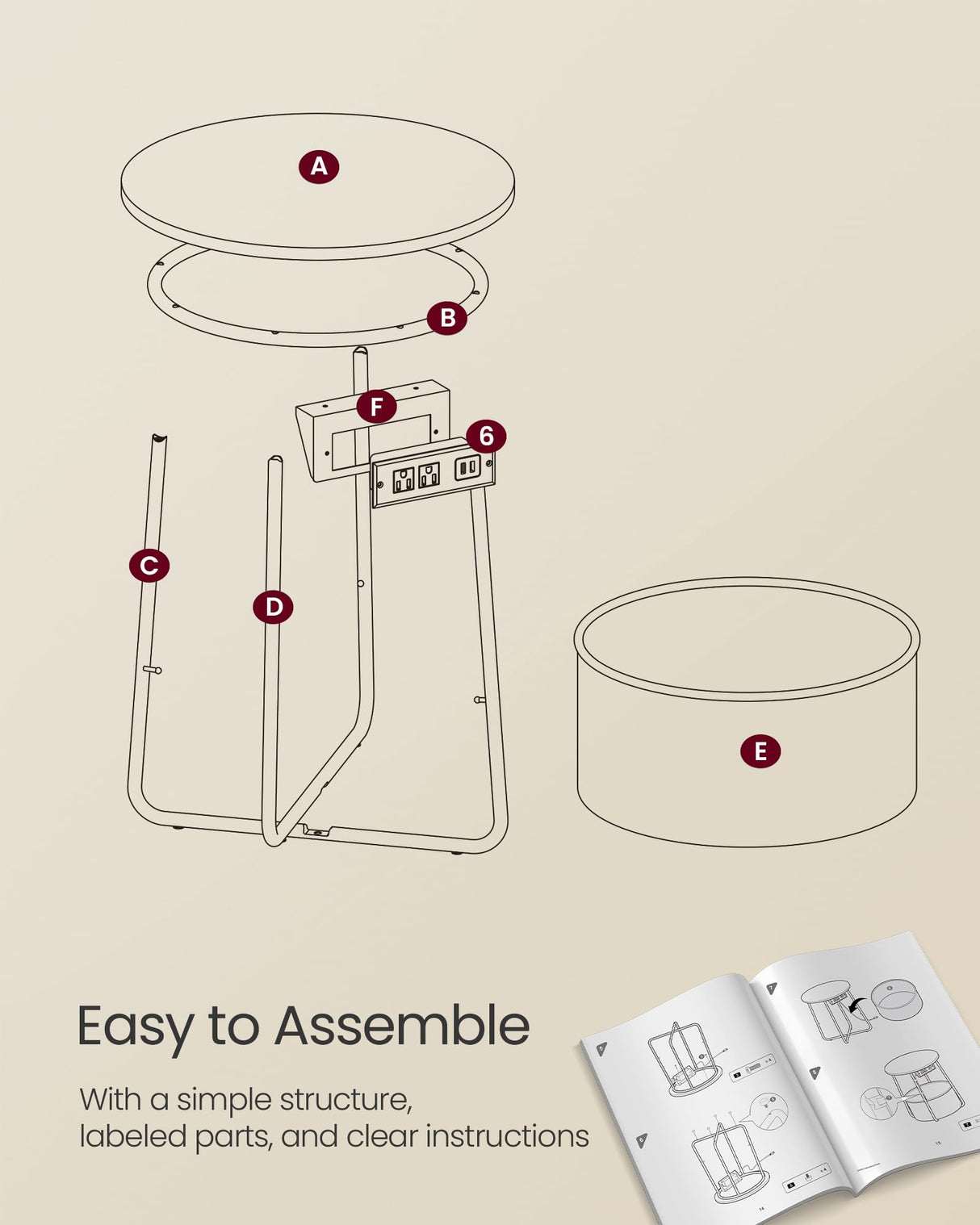 VASAGLE Side Table with Charging Station, Round End Table, Nightstand with Power Outlets, USB Ports, Fabric Basket, Living Room, Bedroom, Modern, Cream White ULET228N01 VASAGLE