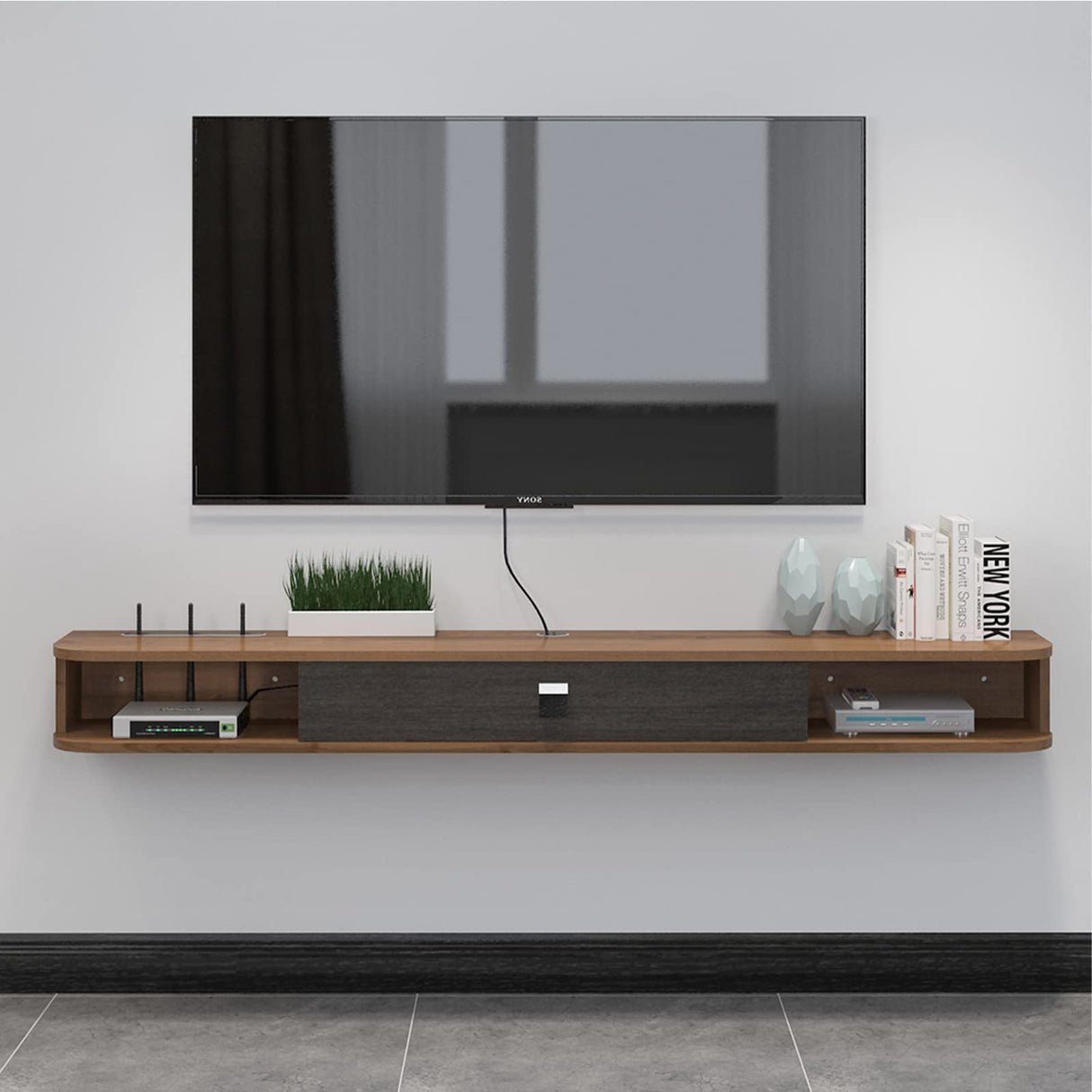 Pmnianhua Floating TV Shelf, 55'' Wall Mounted TV Stand Floating TV Console Media Entertainment Under TV Shelf for Bedroom Livingroom (Walnut) Pmnianhua