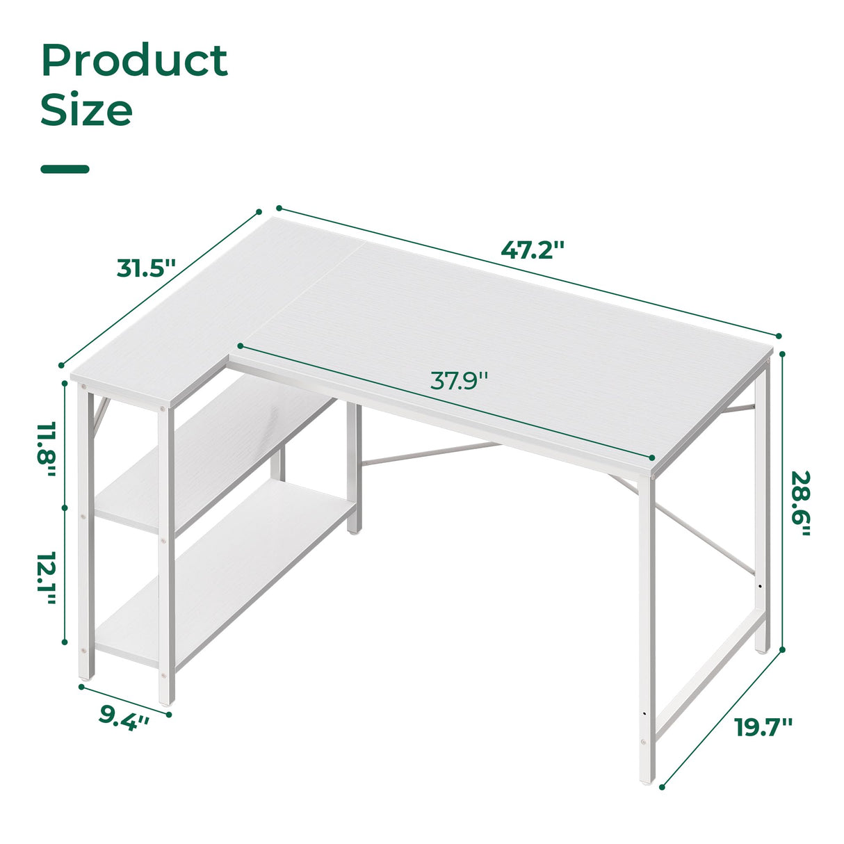 Huuger L Shaped Desk, 47 Inches Computer Desk with Reversible Storage Shelves, Gaming Desk, Corner Desk Home Office Desks, Writing Desk Study Desk with Metal Frame, White Huuger