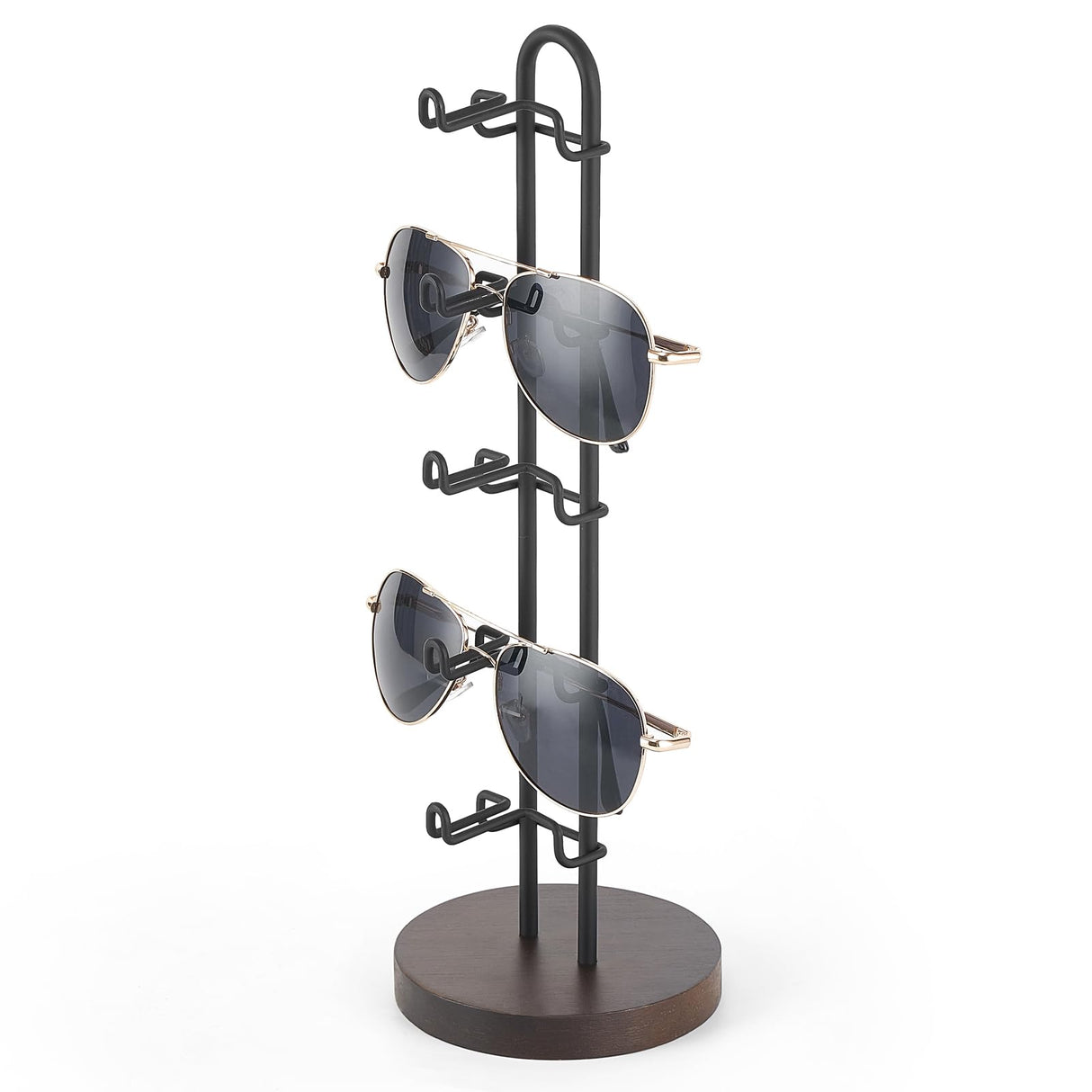 Mkono Sunglasses Organizer Glasses Holder Stand Sunglass Storage Eyeglasses Rack Metal Frame with Wood Base for 5 Pairs of Eyewear Display for Table Desk Countertop Dresser Bedroom, Set of 1, Black Mkono