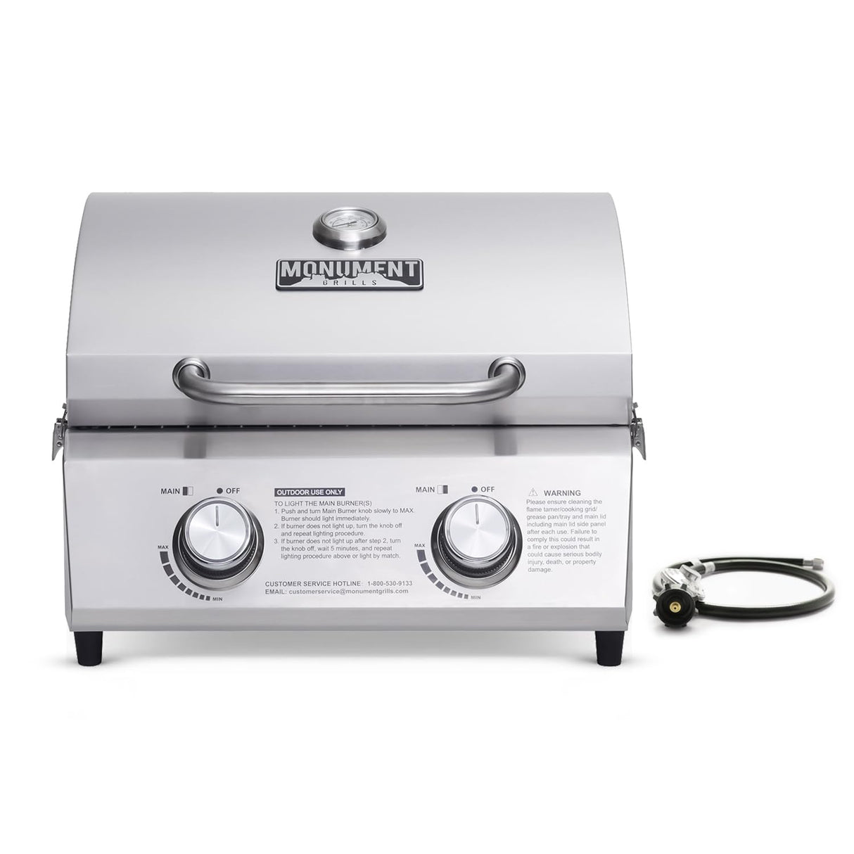 Monument Grills Tabletop Propane Gas Grill for Outdoor Portable Camping Cooking with Travel Locks, Stainless Steel High Lid, and Built in Thermometer Monument Grills
