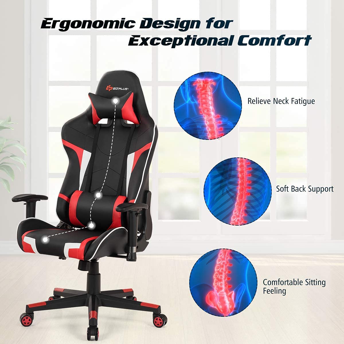 CHEFJOY Massage Gaming Chair, High Back Office Computer Chair with Headrest and Lumbar Support, Racing Style Reclining Swiveling Game Chair for Home Office (Red) CHEFJOY