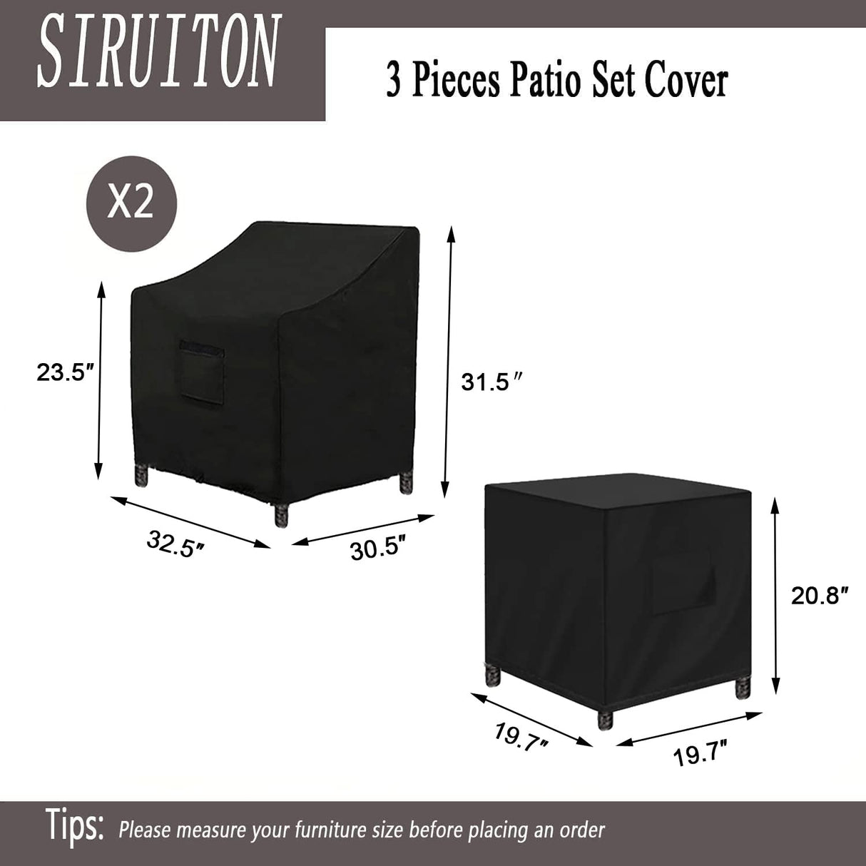 SIRUITON 3 Piece Outdoor Veranda Patio Garden Furniture Cover Set with 600D Durable and Water Resistant Fabric,Fit for Outdoor Wicker Patio Furniture Sets/Rattan Chair Conversation Sets-Balck SIRUITON