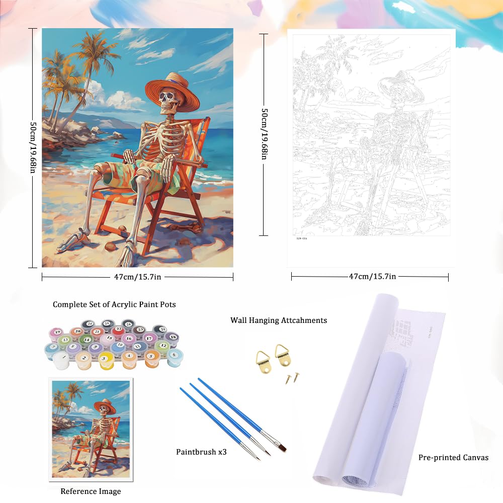 Natuyalo Paint by Numbers Kit for Adults - Skeleton Man DIY Adult Paint by Number Kits Summer Beach Acrylic Canvas Painting for Adults Beginners Kids Art Crafts Without Frame, 16x20 Inch Natuyalo
