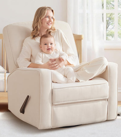 Tbfit 360° Swivel Recliner Chair, Nursery Rocking Chair with Lumbar Support for Bedroom, Comfy Upholstered Armchair with Pillows & Footrest for Living Room, Beige