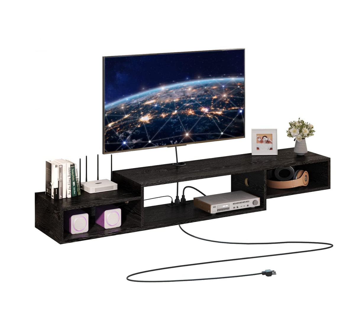 4 EVER WINNER Floating TV Stand, with LED Lights, 59” Floating Entertainment Center with Power Outlet and Storage, Floating TV Shelf Media Console Cabinet for Gaming Box Audio Video, Black 4 EVER WINNER