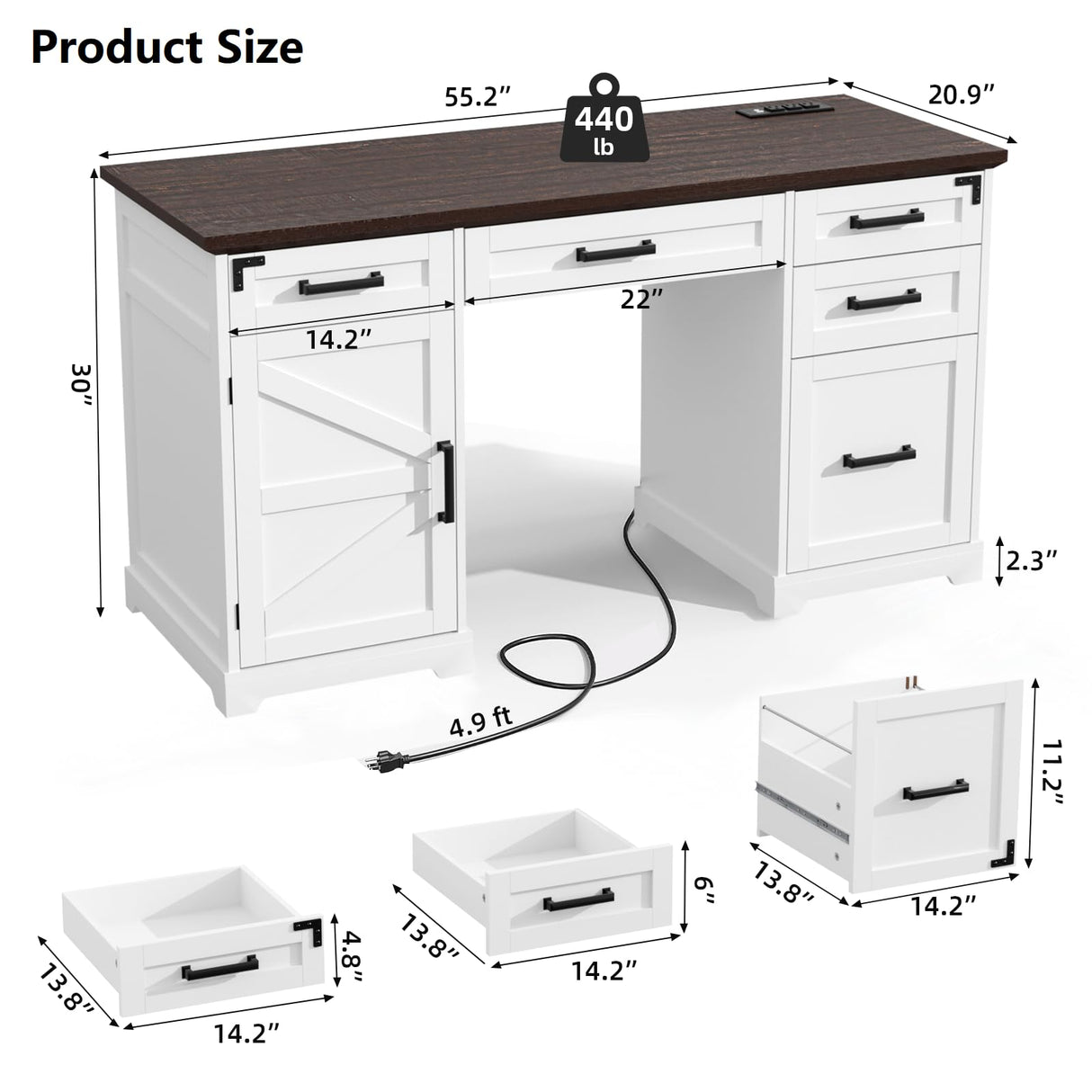 VOWNER 55" Executive Desk, Home Office Desk with Drawers and Storage Cabinet, Farmhouse Wood Desk Workspace for Work Study Writing, Charging Station, Letter/A4 File Drawer, White VOWNER