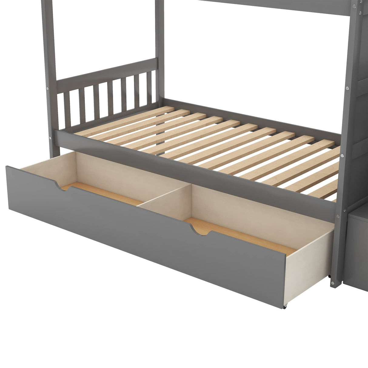 Ibraccieni Twin Bunk Bed - Twin Over Full Bed with Storage Stairway & Shelves, Drawers and Cabinet Door, Wooden Convertible Bottom Bed for Bedroom Dormitory Apartment or Guest Room, Grey Ibraccieni