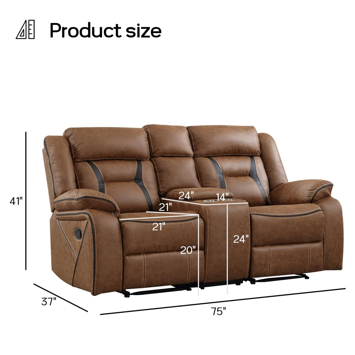 EBELLO Faux Leather Manual Loveseat Recliner, 2 Seat Reclining Sofa Chair with Center Console, Hidden Storage and Cup Holders, Daul Recliner for Living Room, Meeting Room, Brown (Loveseat) EBELLO