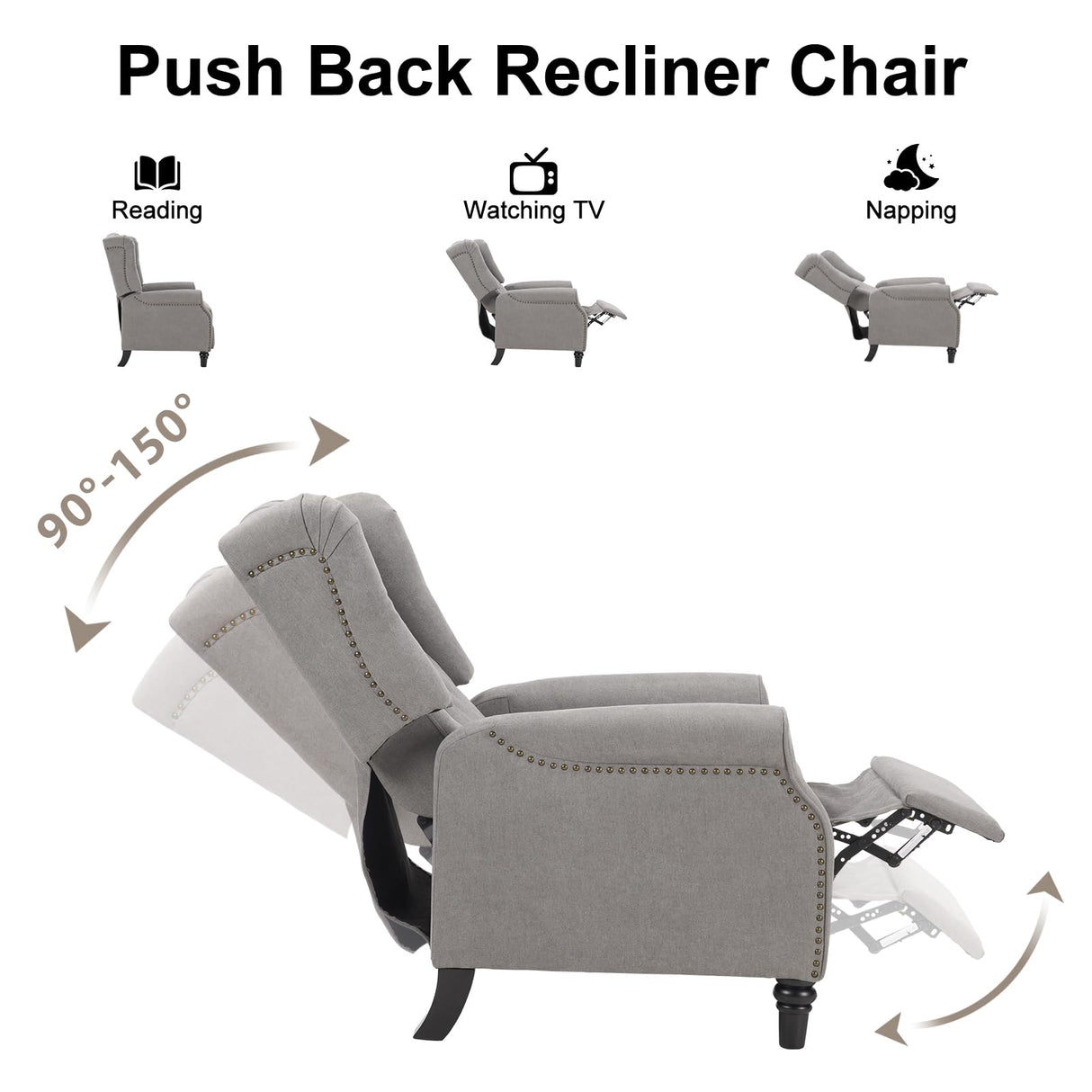 EBELLO Pushback Recliner Chair, Fabric Armchair Push Back Recliner with Rivet Decoration, Mid Century Wingback Accent Chair for Living Room, Bedroom, Grey EBELLO