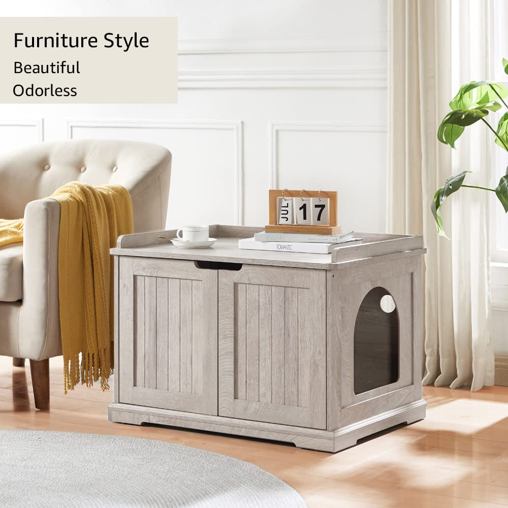 unipaws Cat Litter Box Enclosure Furniture, Hidden Litter Box Cover Washroom, Dog Proof Cabinet for Large Cat, Hideaway House, Weathered Grey unipaws