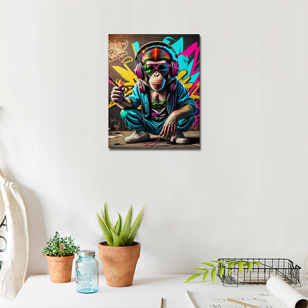 TUMOVO Adult Paint by Number Kits on Canvas, DIY Acrylic Painting for Adults Kids Paint by Number, Graffiti Adults' Paint-by-Number Kits DJ Monkey with Headphones and Sunglasses, 16 x20 Inch TUMOVO