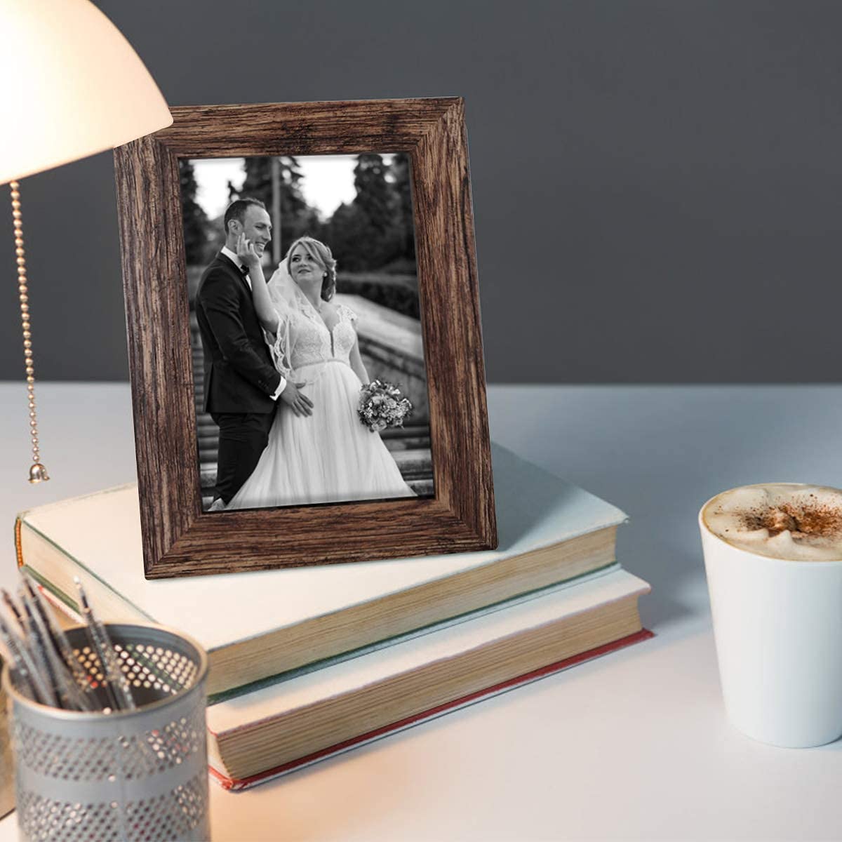 Q.Hou 5x7 Picture Frame Wood Pattern Rustic Brown Photo Frames Packs 4 with High Definition Plexiglass for Tabletop or Wall Decor (QH-PF5X7-BR) Q.Hou