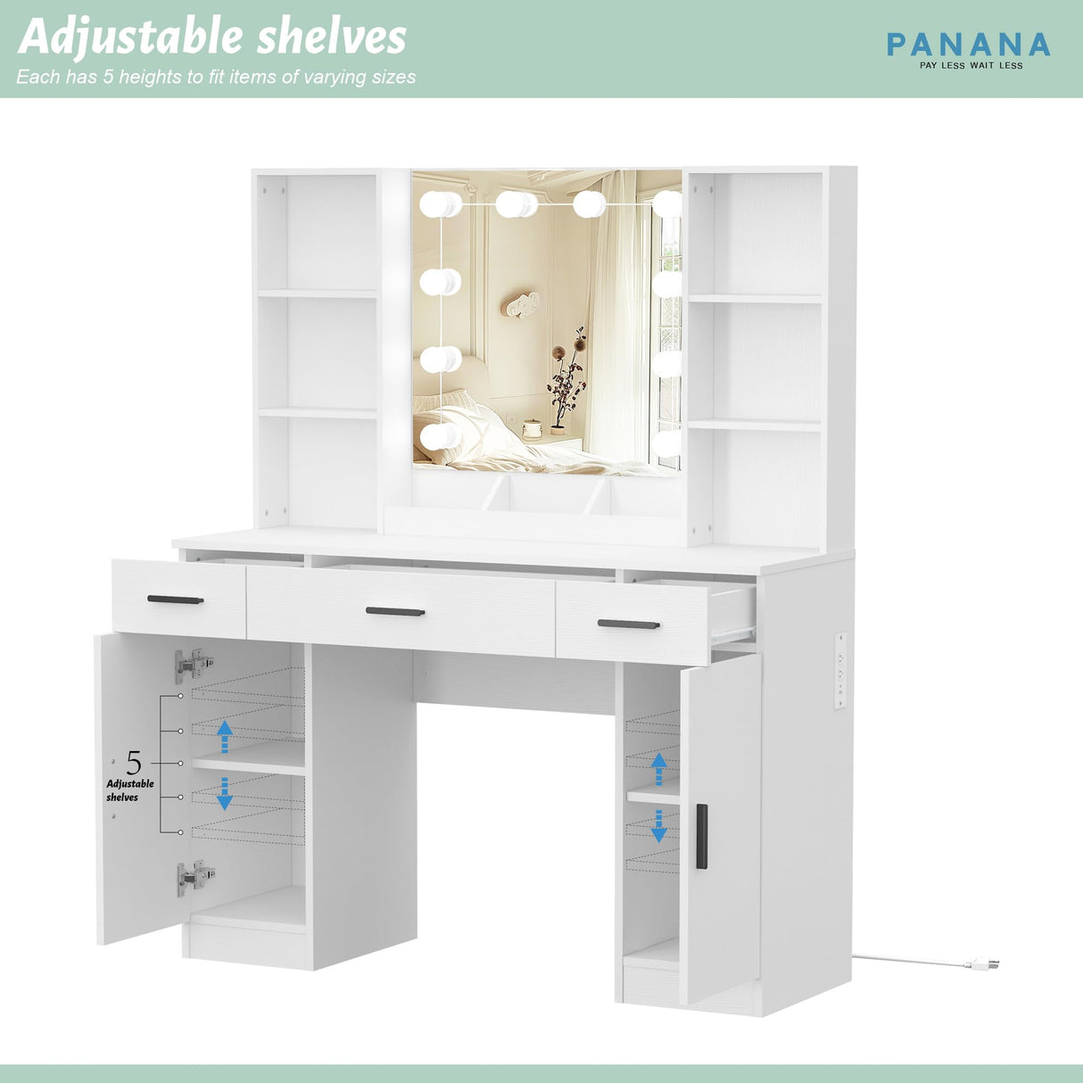 Vanity Desk, Makeup Table with Lights Vanity Set with 3 Drawers, 1 Cabinet & 6 Shelves 3 Lighting Modes Brightness Adjustable Dressing Table with Cushioned Stool for Bedroom, Dressing Room (White) Panana