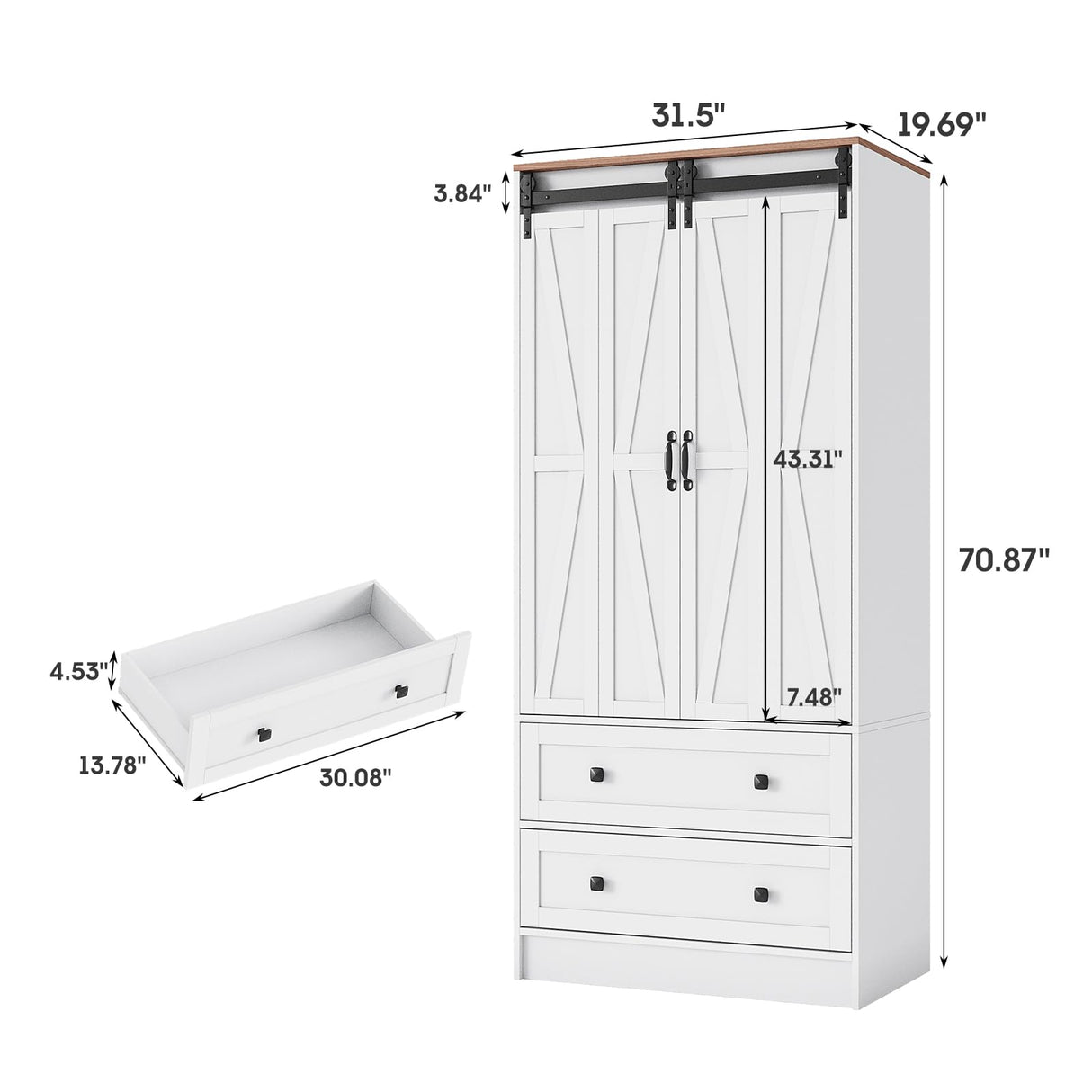 Maupvit Farmhouse Armoire with 2 Folding Sliding Barn Doors and Drawers 70.9" Tall Wooden Bedroom Wardrobe Closet with Spacious Storage Cabinet with Hanging Rod for Bedroom, White Maupvit