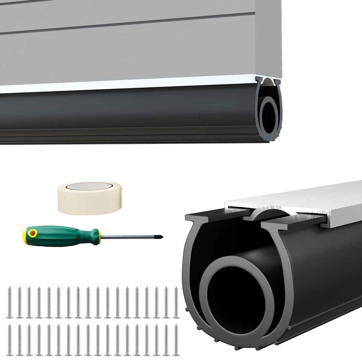 Symyda 16.5Ft Heavy-Duty U+O Ring Garage Door Seal, Garage Door Bottom Seal with Pre-drilled Aluminum Track Retainer Base Kit, Universal Rubber Garage Door Gasket Bottom for Buffering Sealing (Black) Symyda