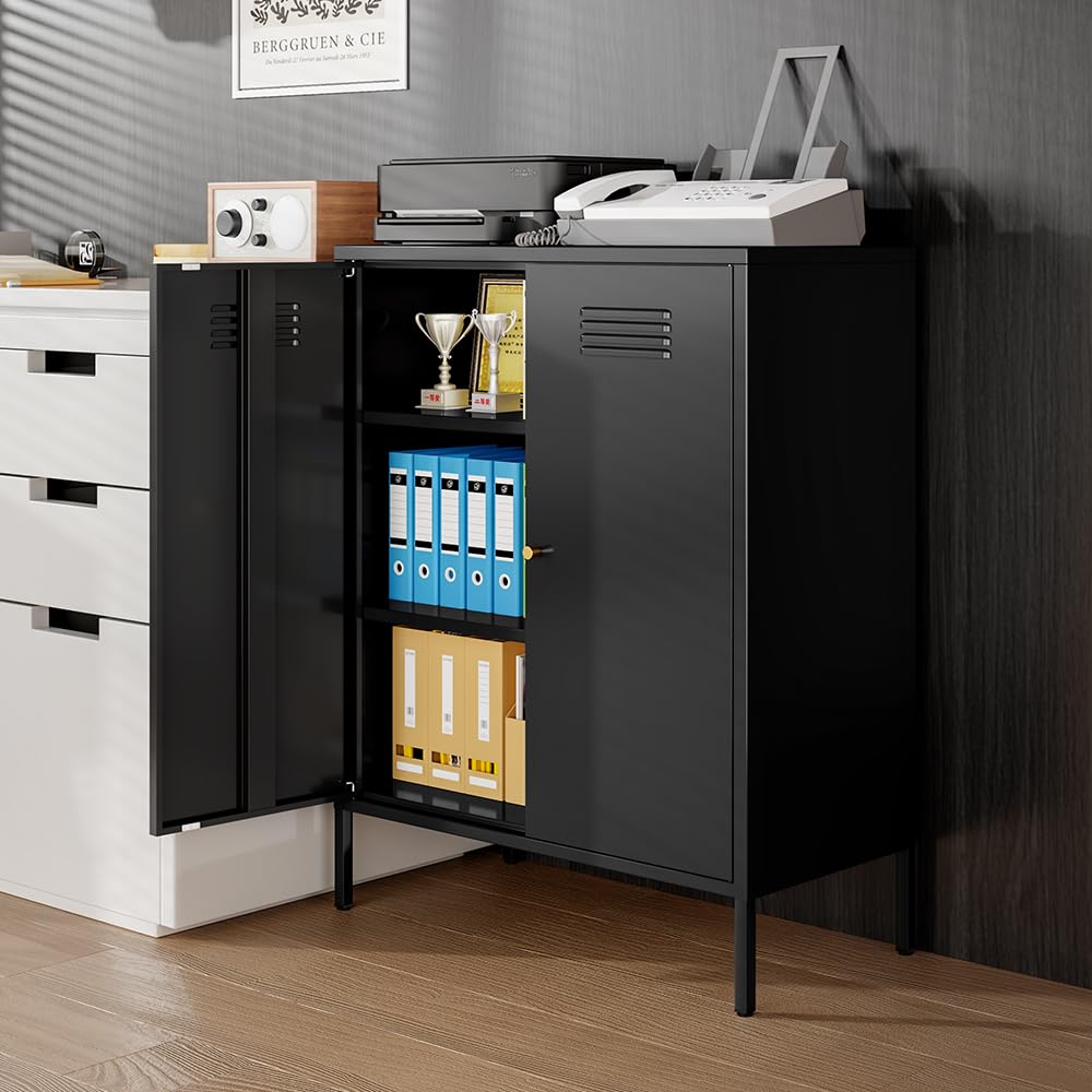 SunLinkSan Metal Accent Cabinet,Sideboard Buffet Cabinet for Living Room,Bed Room,Home,Hotel,Office,Garage,School,Kitchen,3-Tier Locker Storage Cabinet,2 Removable Shelves. (Metal Door, Black) SunLinkSan