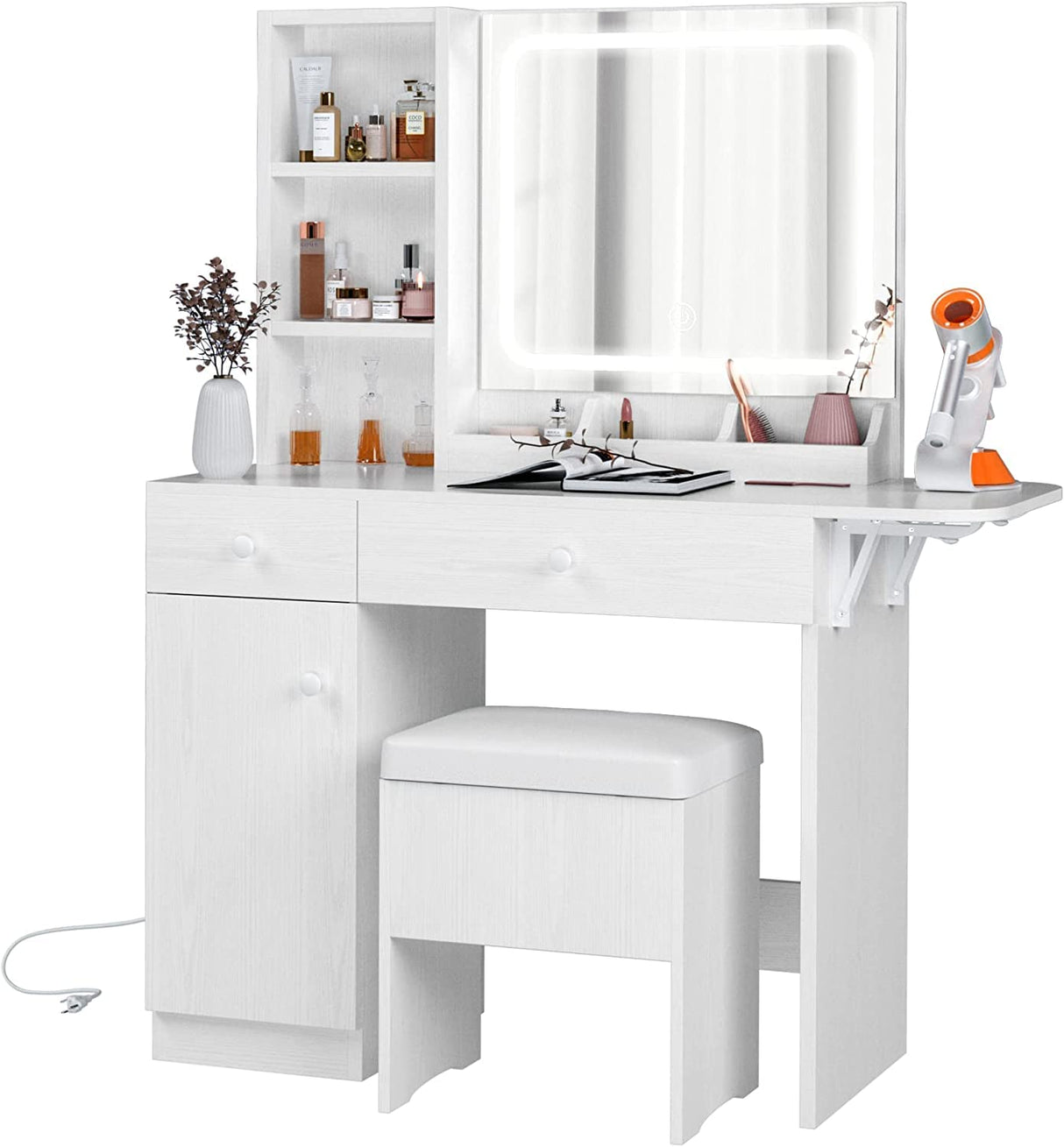 IRONCK Vanity Desk with LED Lighted Mirror & Power Outlet, Makeup Table with Drawers & Cabinet,Storage Stool,for Bedroom, White IRONCK