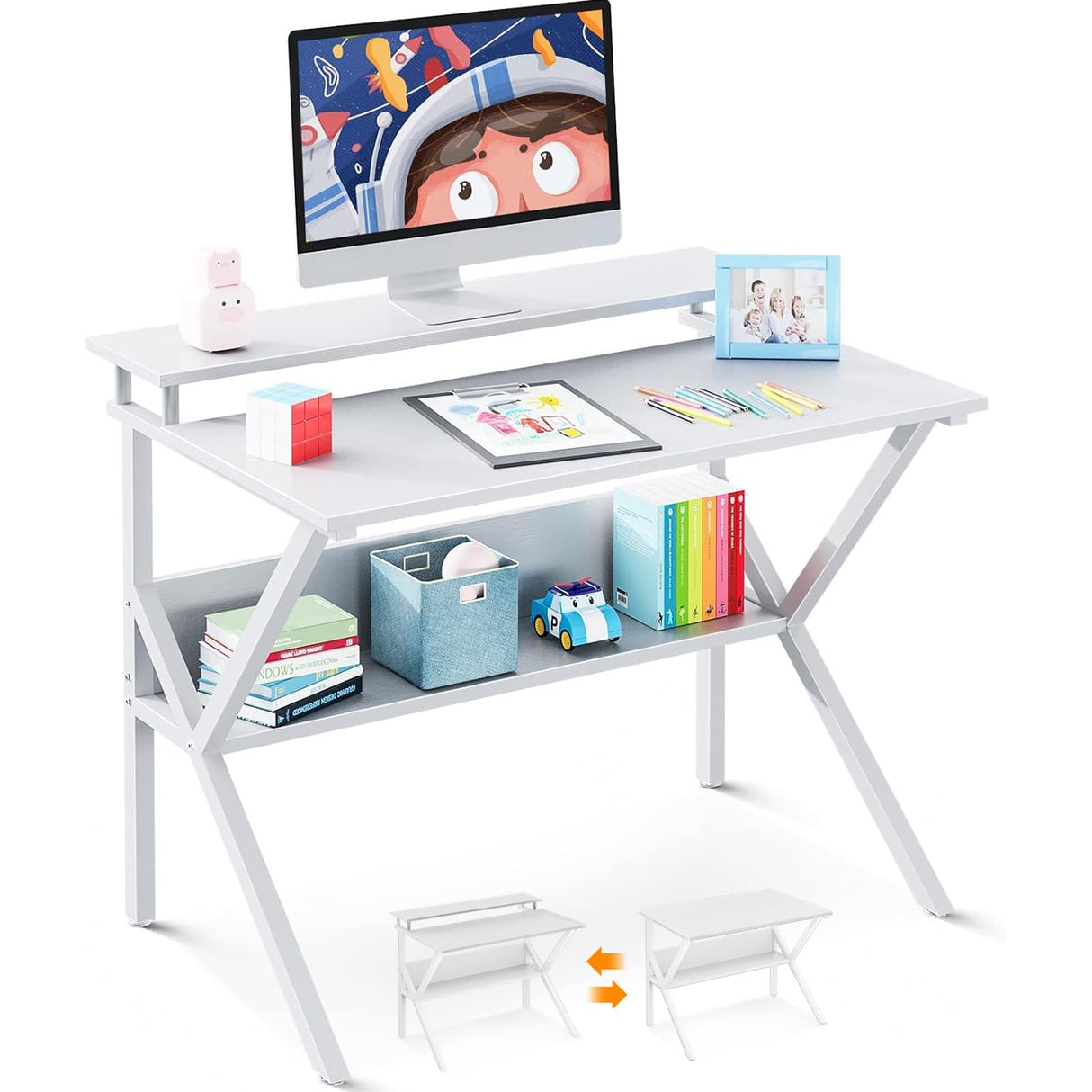 ODK Small Computer Desk, 27.5 inch Desk for Small Spaces with Storage, Compact Table with Monitor & Storage Shelves for Home Office, Modern Style Laptop Desk, Pure White ODK